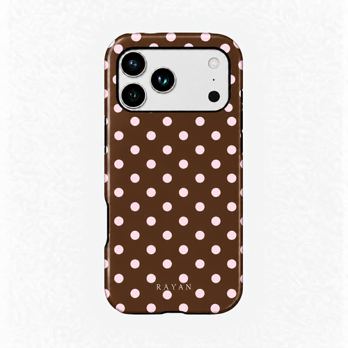 Chocolate Pink Polka Dots – iPhone-Handyhülle, glänzende Rückansicht