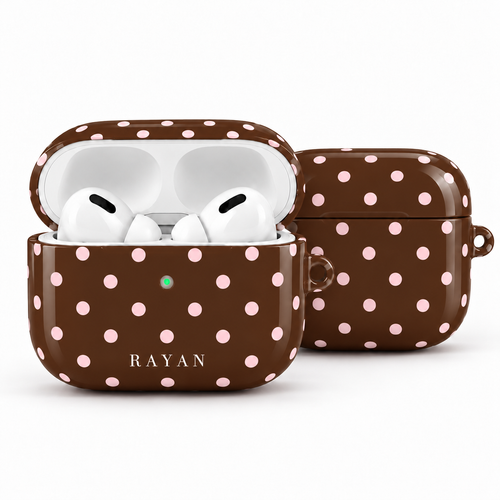 Chocolate Pink Polka Dots – Glänzende AirPods-Hülle geöffnet und geschlossen